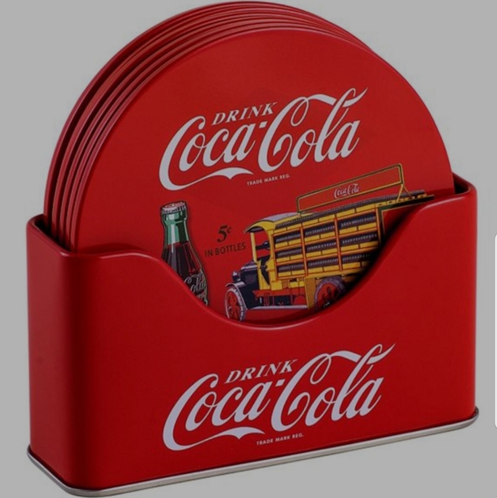 Coca-Cola Tin 6-piece Coaster set With Holder. New.